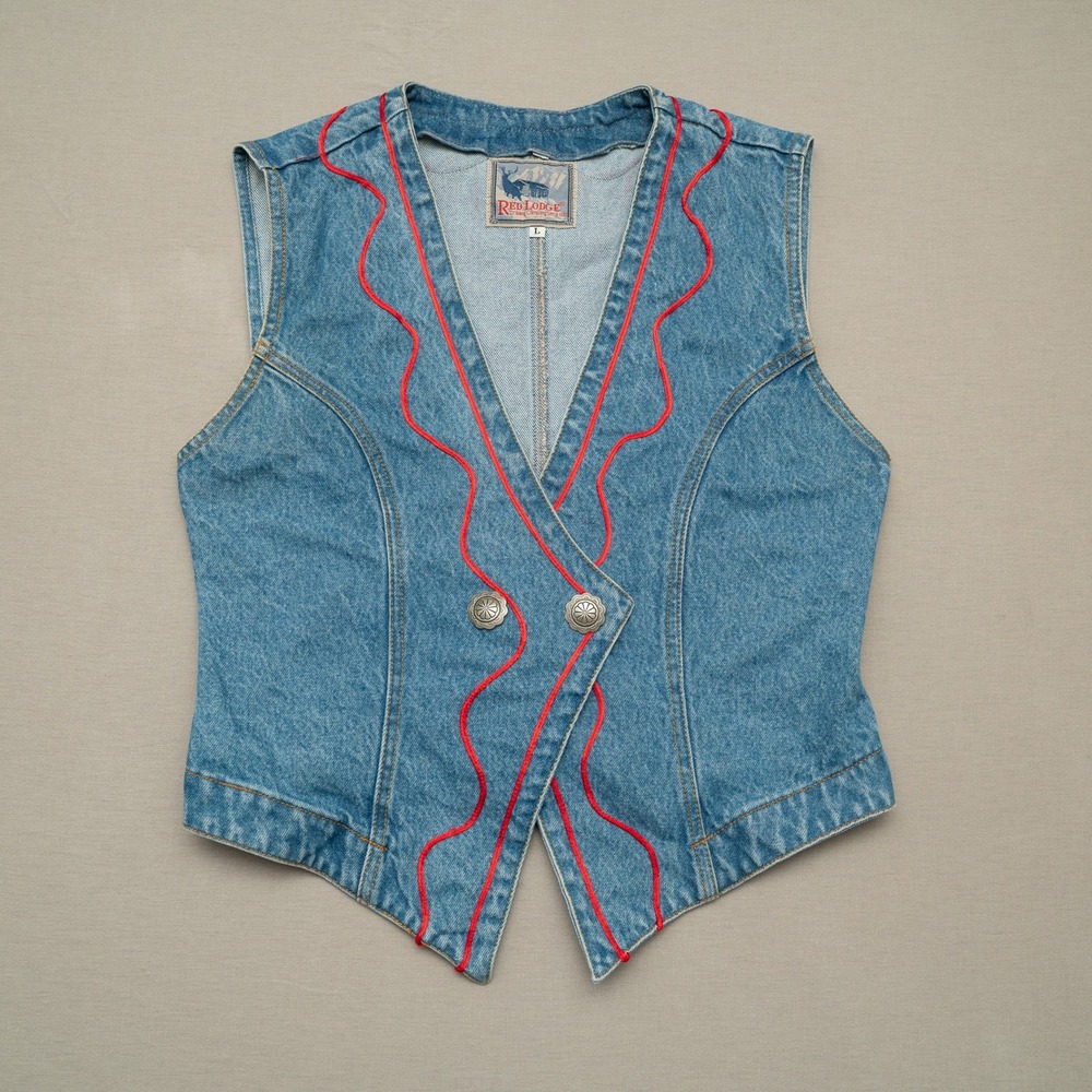 Vintage 80s Red Lodge Trading Co Western Vest Native Style Button Adult L Denim